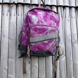 LL Bean black raspberry gray & magenta multi pocket nylon hiking school backpack